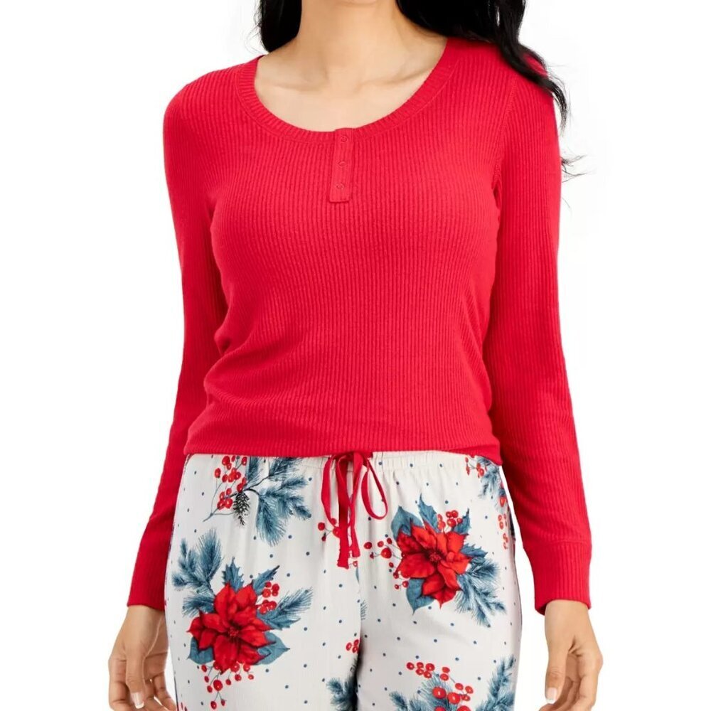 Charter Club Womens Size Large Long Sleeve Ribbed Henley Pajama Top in Red 1950